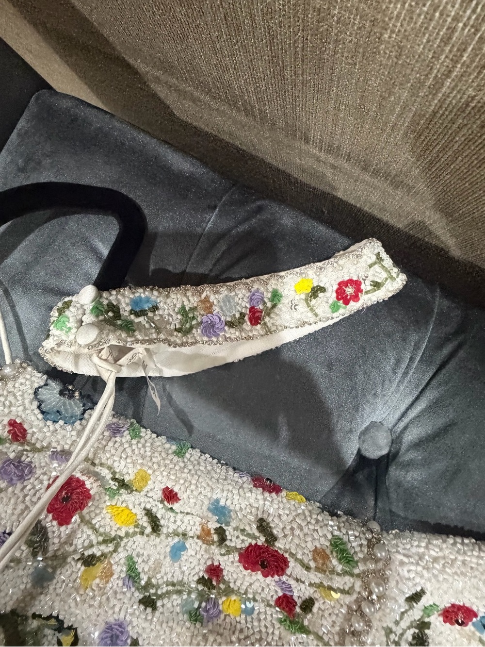 Alice + Olivia Strapless White Beaded Gown with Multicolor Floral Embroidery - Picture 15 of 16